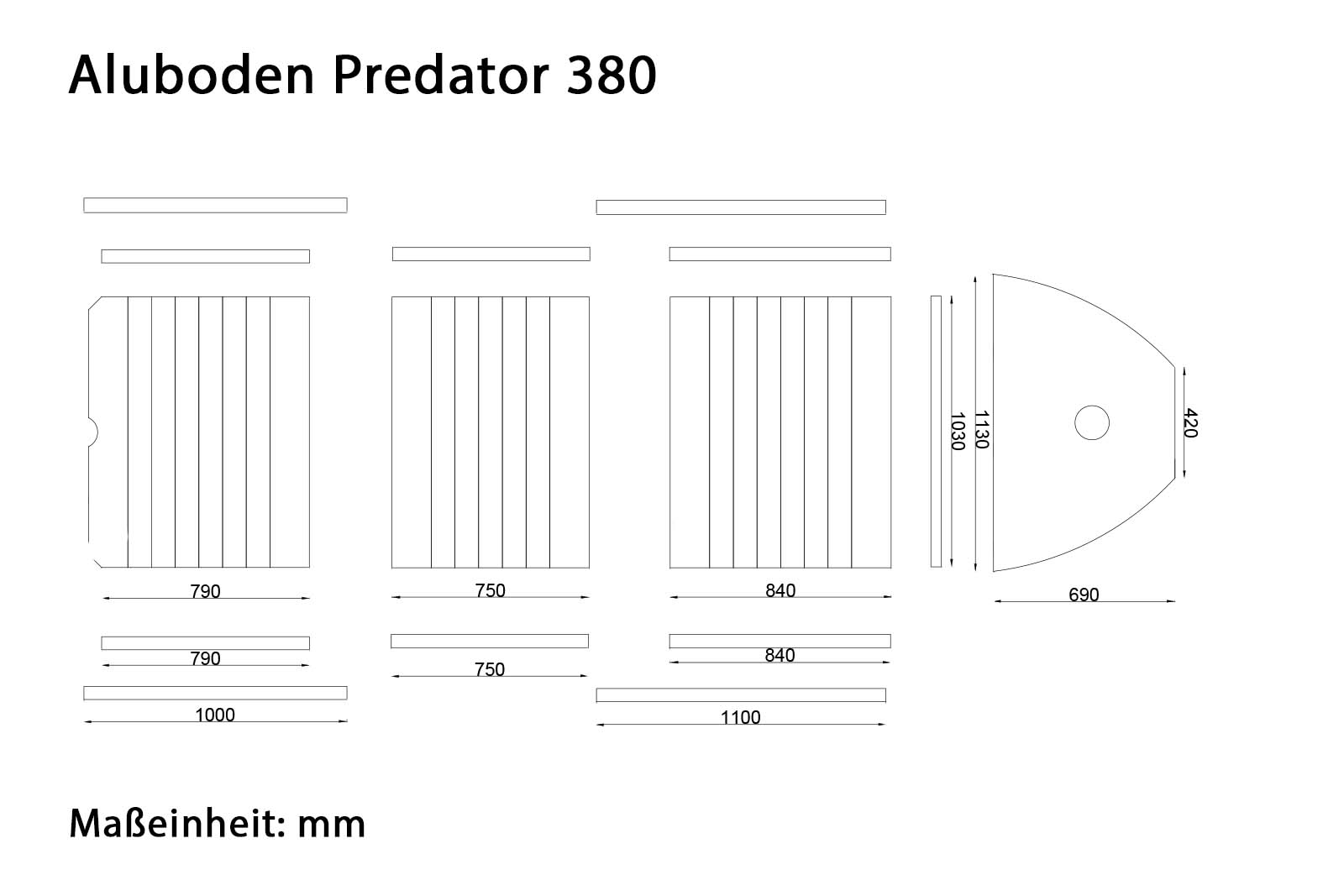 Allroundmarin Predator Schlauchboot 380 Dimensionszeichnung des Alubodens