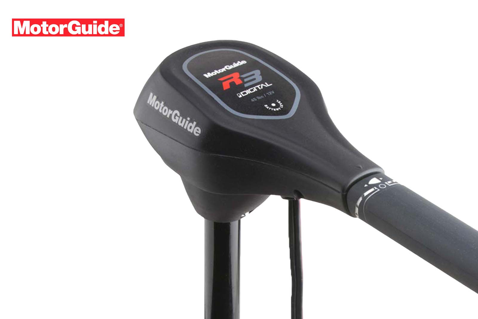 MotorGuide R3 Heckmotor schwarz Detailansicht Motorkopf mit Pinne