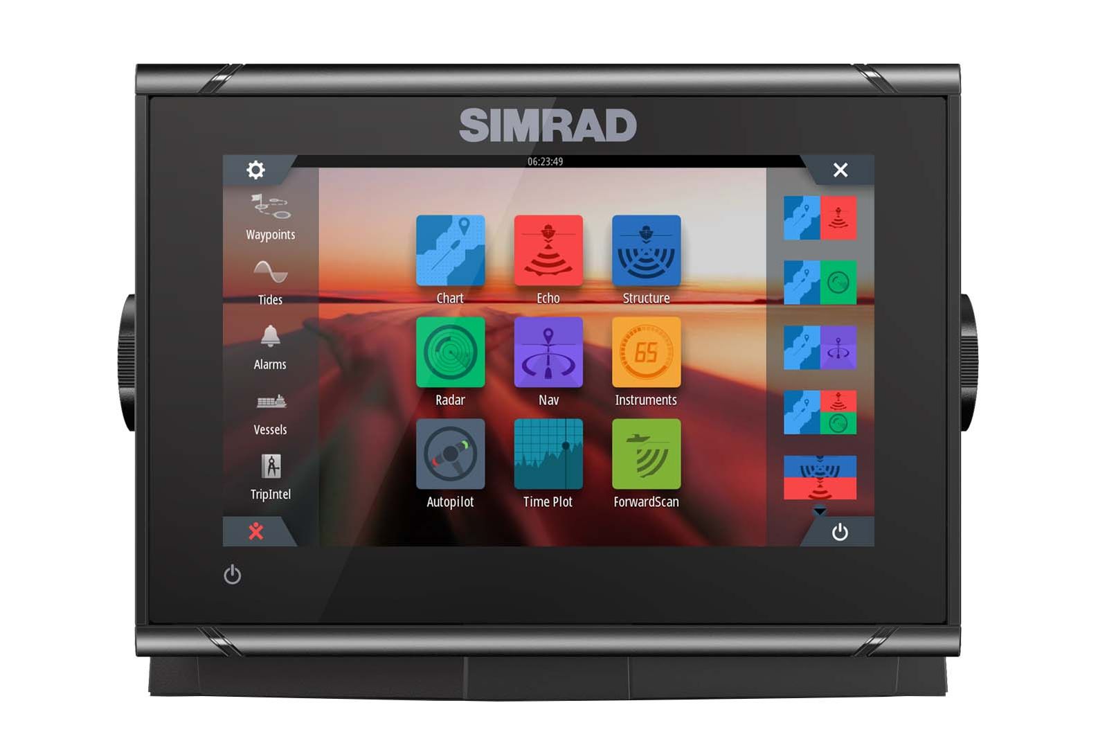 Simrad GO7 XSR Echolot mit Bügelhalterung Frontansicht Menü