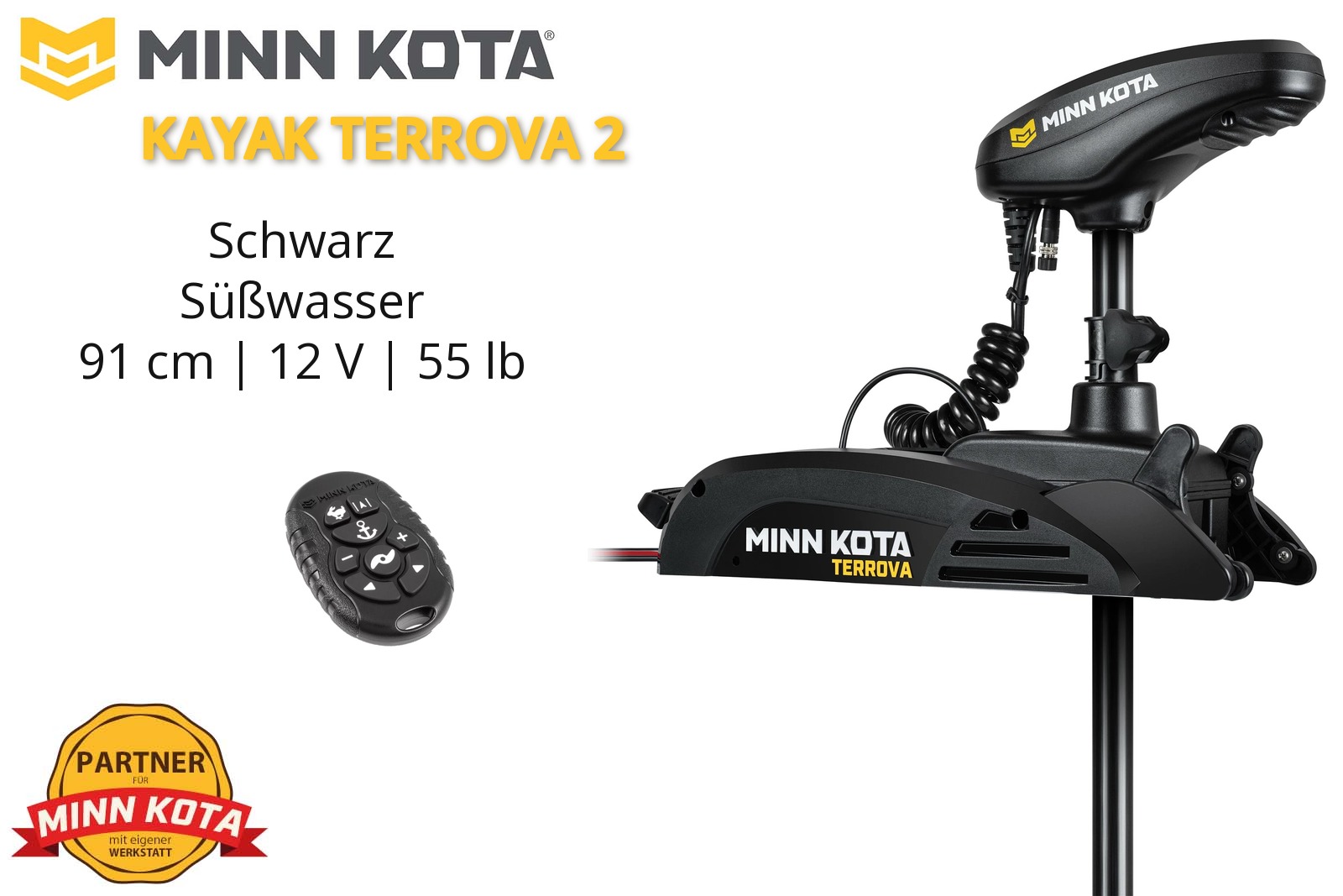 Minn Kota Kayak Terrova 2 in Schwarz für Süßwasser, 55 lb Schub, 12 V, 91 cm Schaft