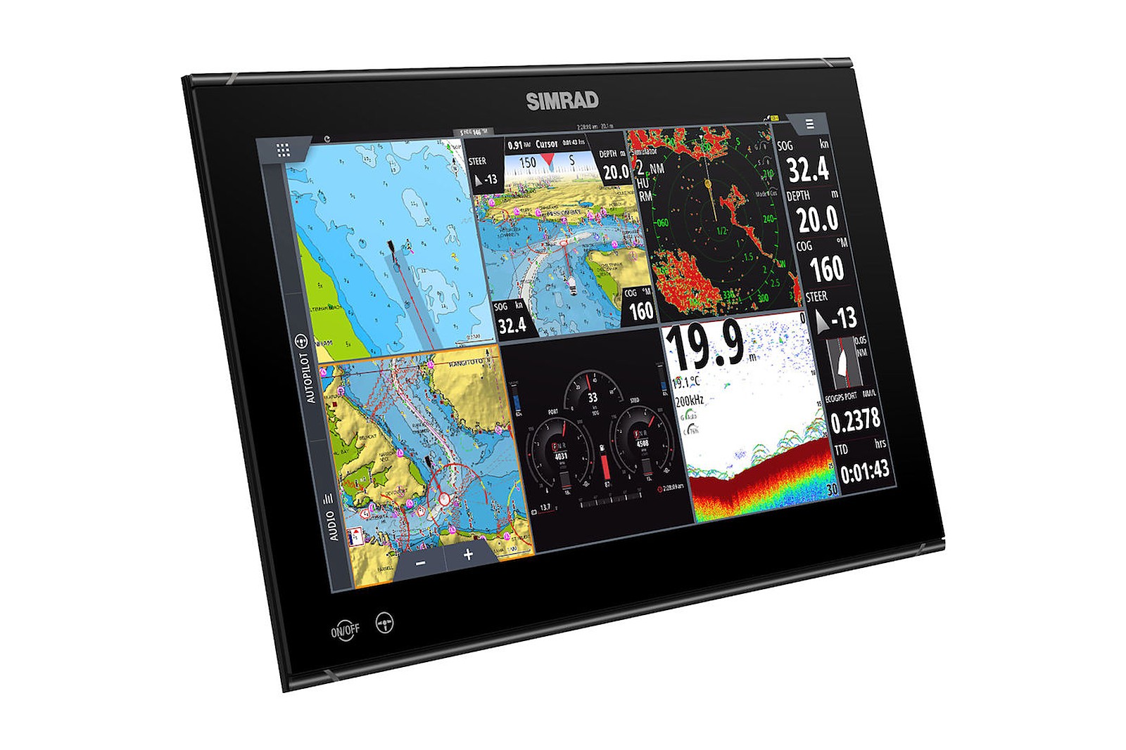 Simrad NSO evo3S 16 Zoll Kartenplotter, geteilter Bildschirm mit Karte, Radar und Echolot