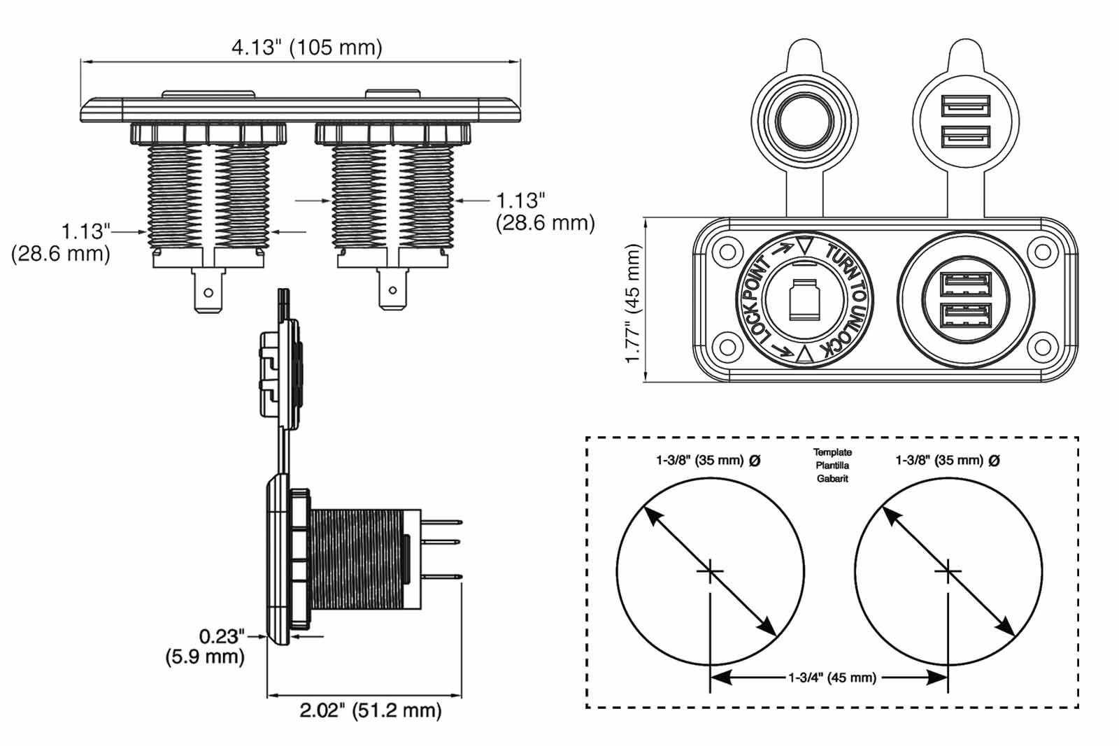 Marinco SeaLink Dual USB Steckdose Dimensionszeichnungen