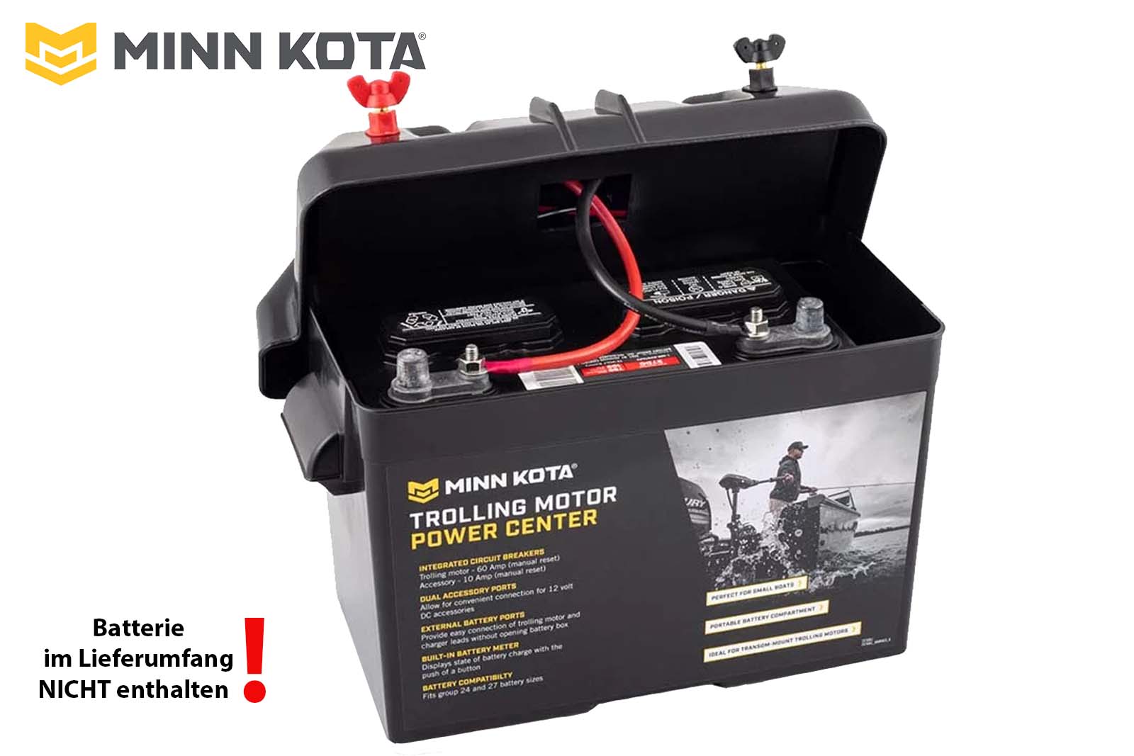 Minn Kota Batterie Power Center halb offen mit Batterie