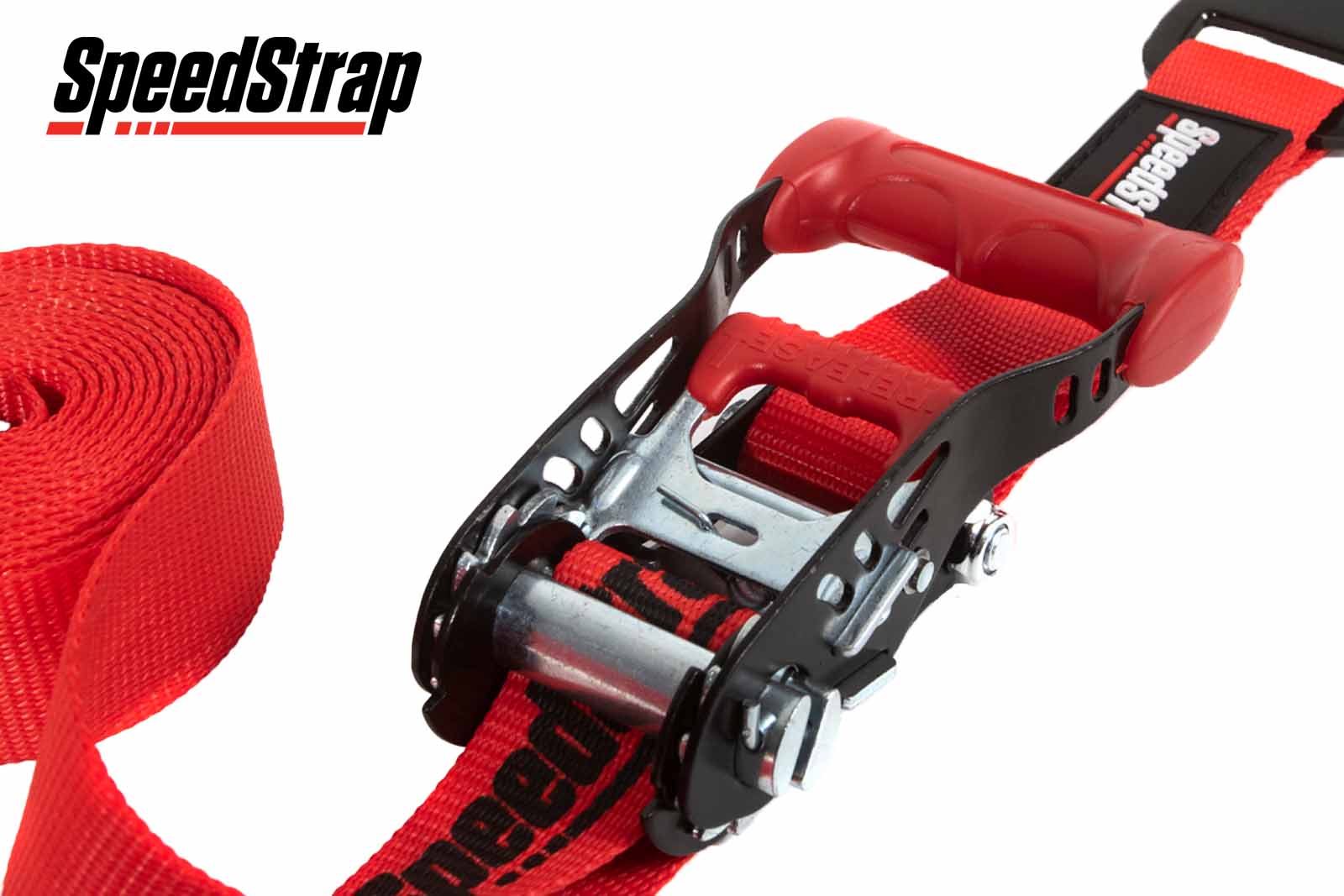 SpeedStrap Spanngurt mit Haken und Schlaufe rot, 38 mm, Detailansicht Ratsche
