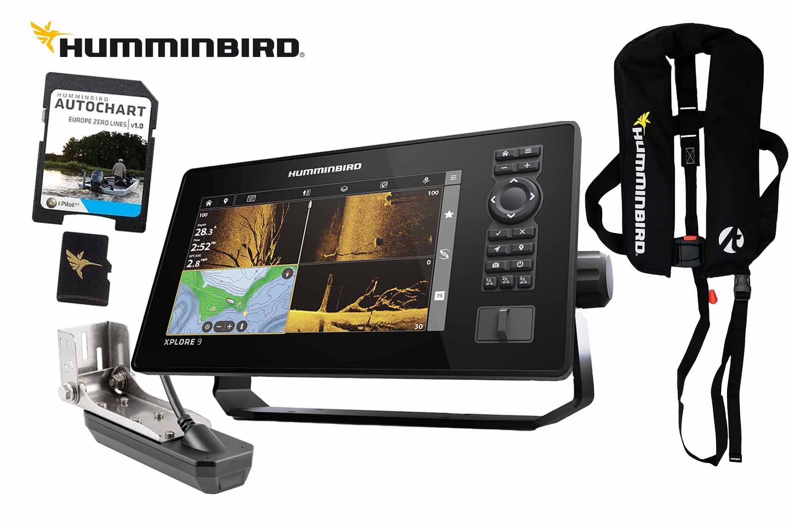 Humminbird XPLORE 9 Echolot mit CMSI+ Geber, Zeroline SD-Karte und Rettungsweste