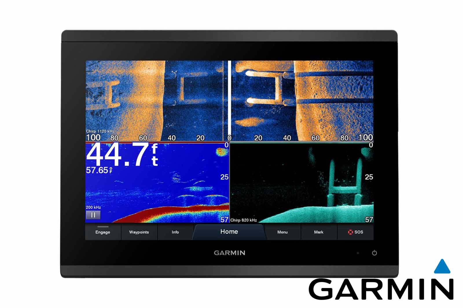 Garmin GPSMAP 1223xsv Echolot SplitScreen Frontansicht: SideVü, 2D-Sonar und ClearVü