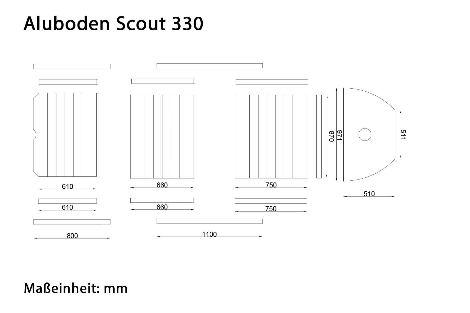Allroundmarin Scout Schlauchboot 330 mit Aluboden Dimensionszeichnung Boden