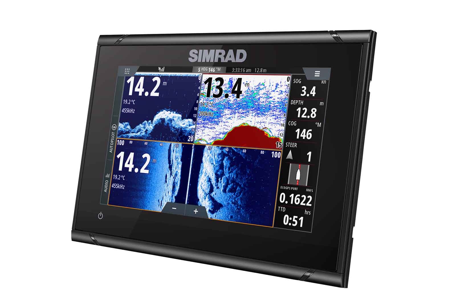 Simrad GO7 XSR Echolot SplitScreen in 4 Bereiche Ansicht links