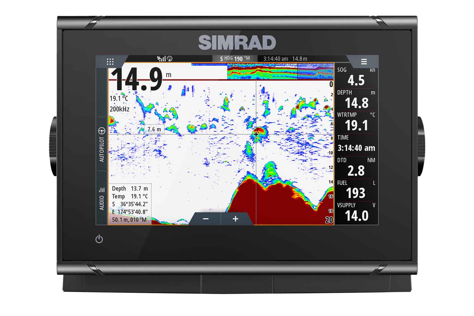 Simrad GO7 XSR Echolot mit Bügelhalterung Frontansicht CHIRP