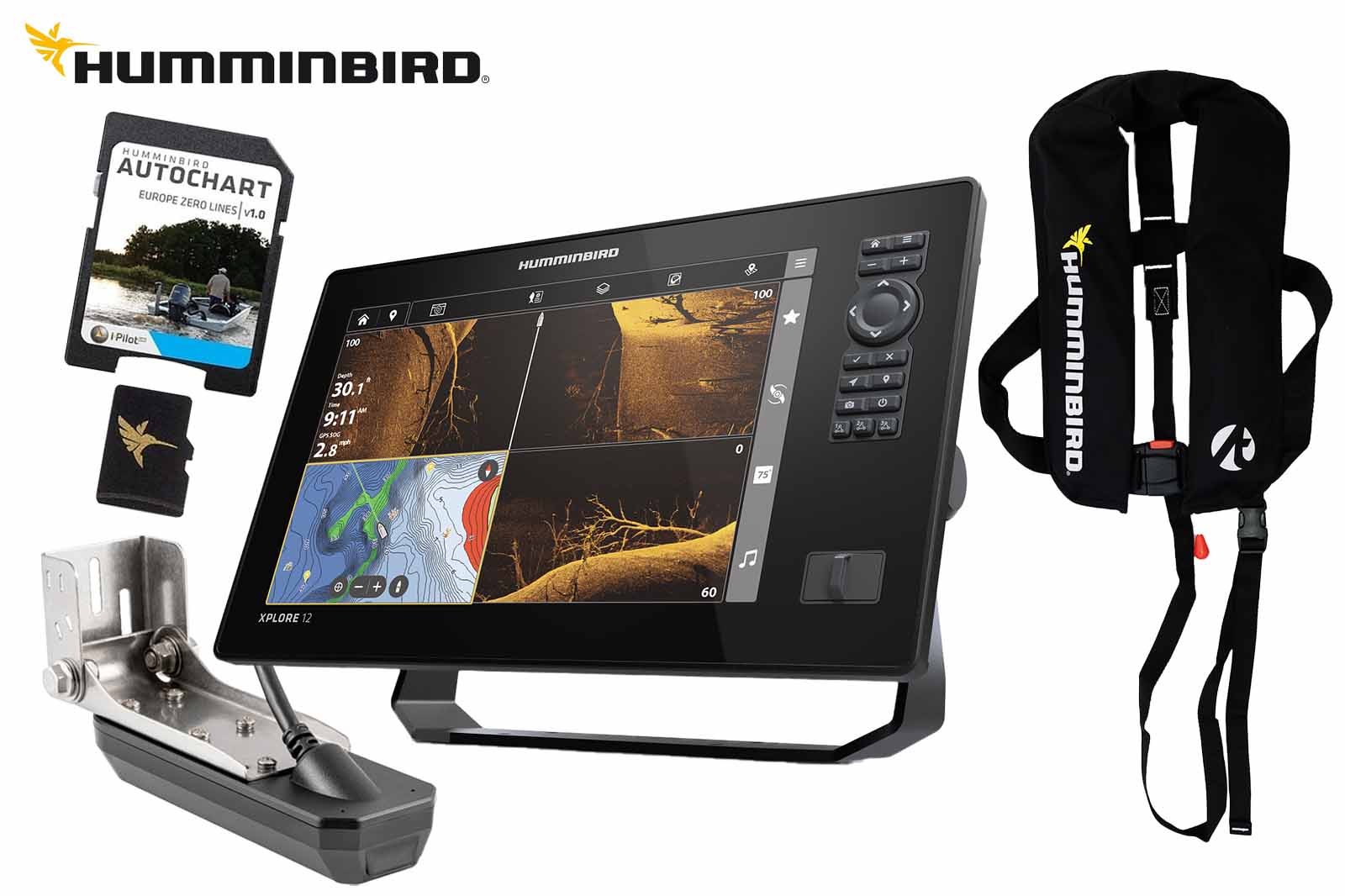 Humminbird XPLORE 12 Echolot mit CMSI+ Geber, Zeroline SD-Karte und Rettungsweste