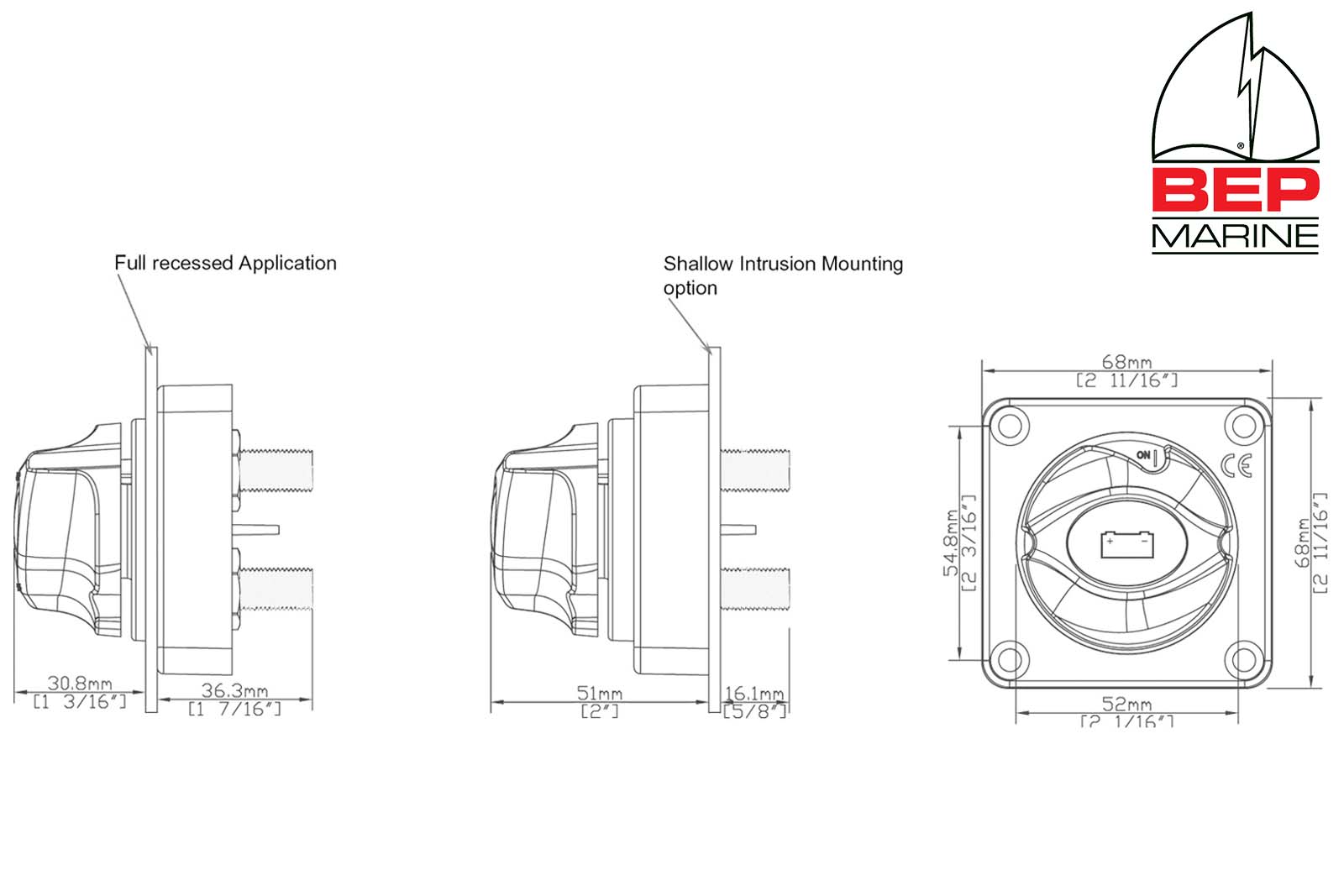 BEP Marine Batterie-Hauptschalter | Batterie-Trennschalter 275 Ampère für Einbau Dimensionszeichnung 1