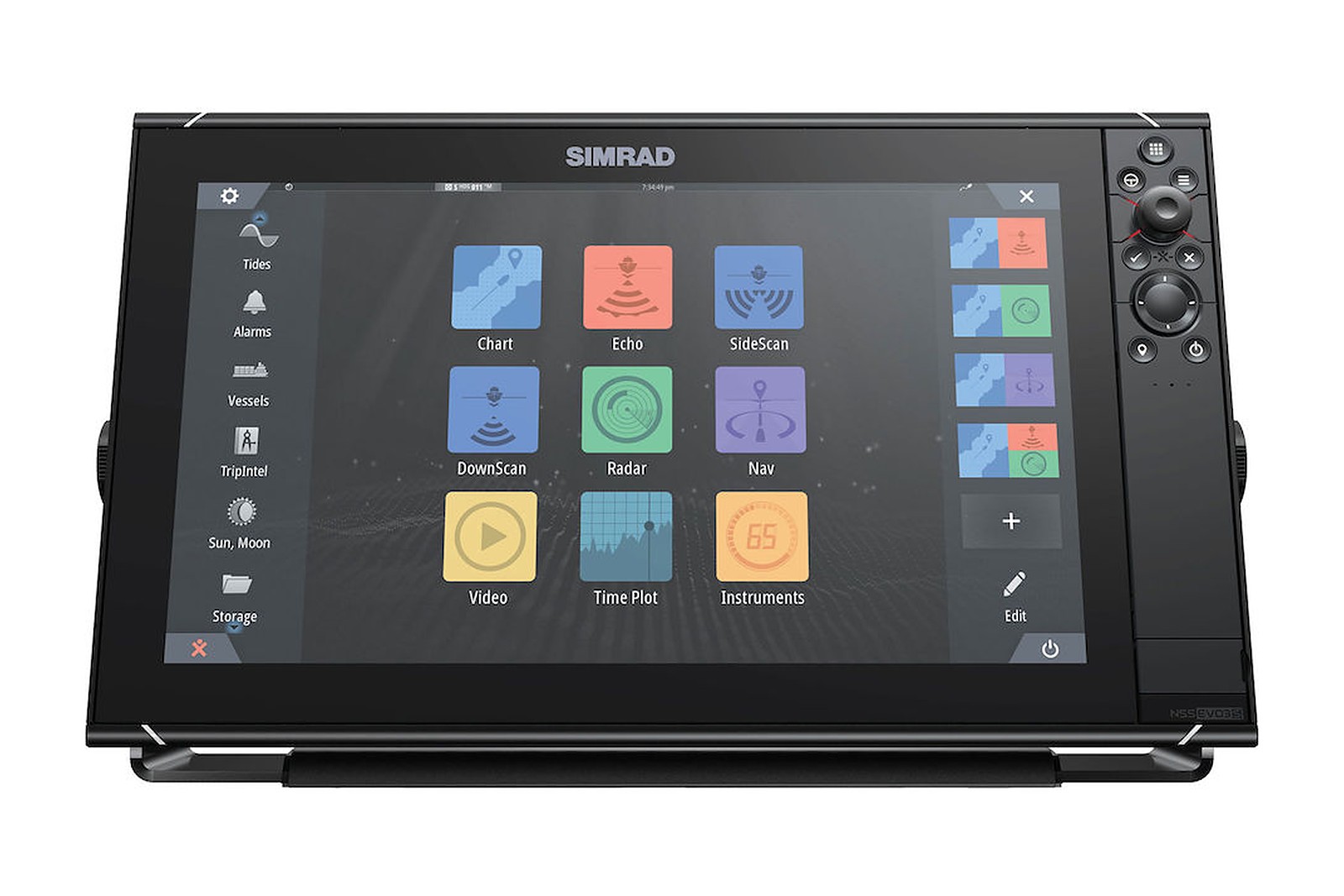 Simrad NSS16 evo3S Echolot und Kartenplotter, Frontansicht mit Startbildschirm