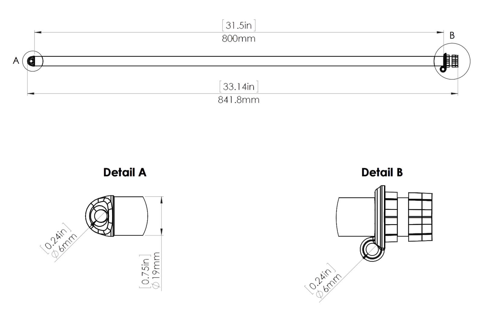 Railblaza Flaggstock mit Sternadapter Dimensionszeichnung