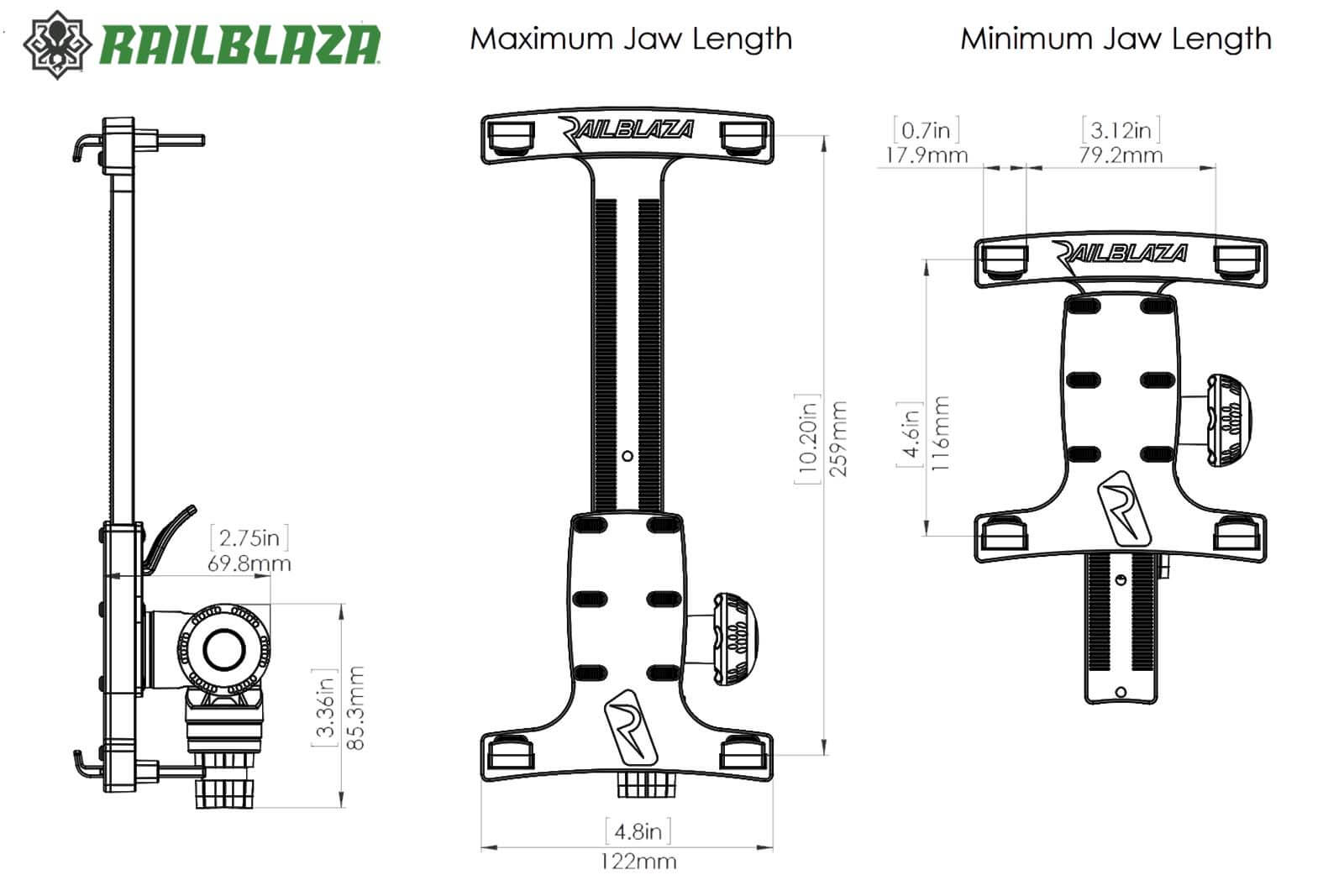 Railblaza Screengrabba Tablet-Halterung Dimensionszeichnung
