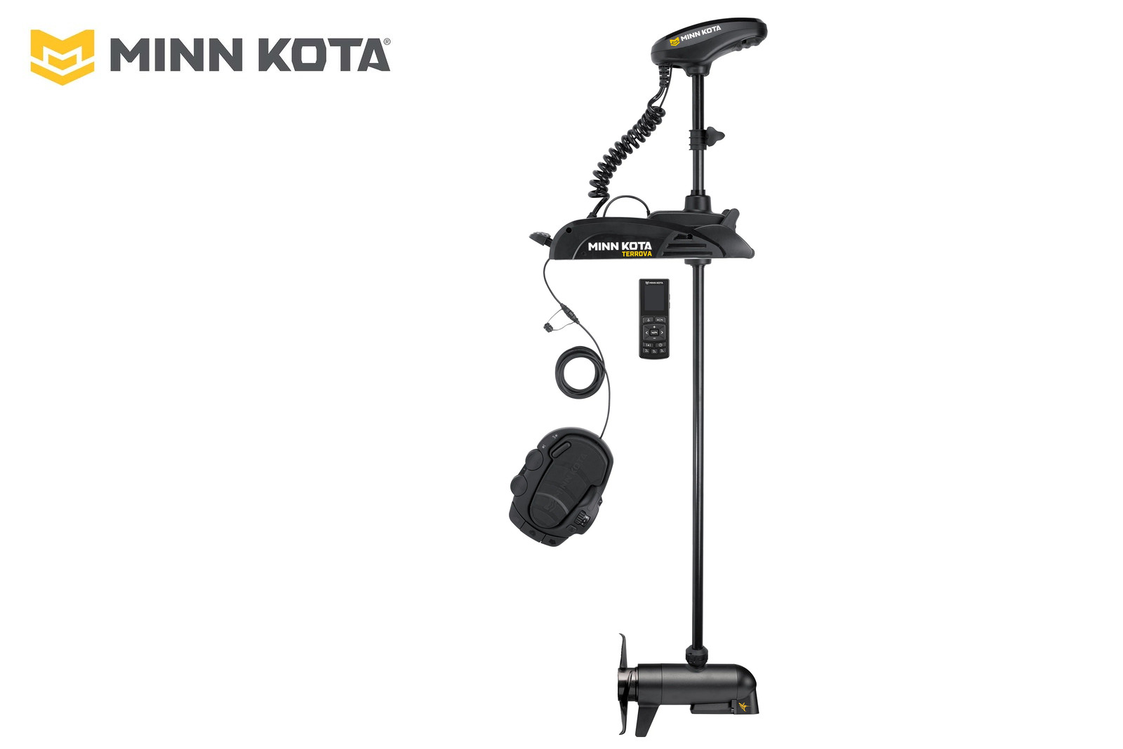 Minn Kota Terrova 2 mit 114 cm Schaft und MDI-Geber, Seitenansicht mit Fußpedal und Wireless Remote