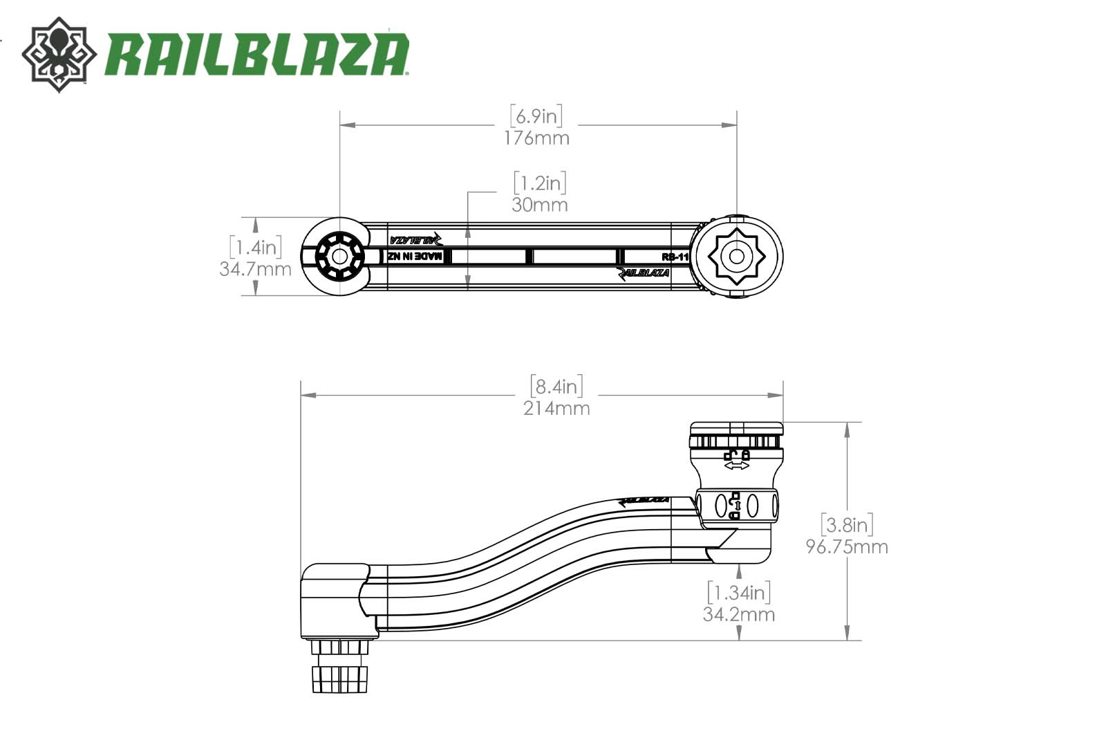Railblaza Swing Arm R-Lock Schwenkarm Dimensionszeichnung