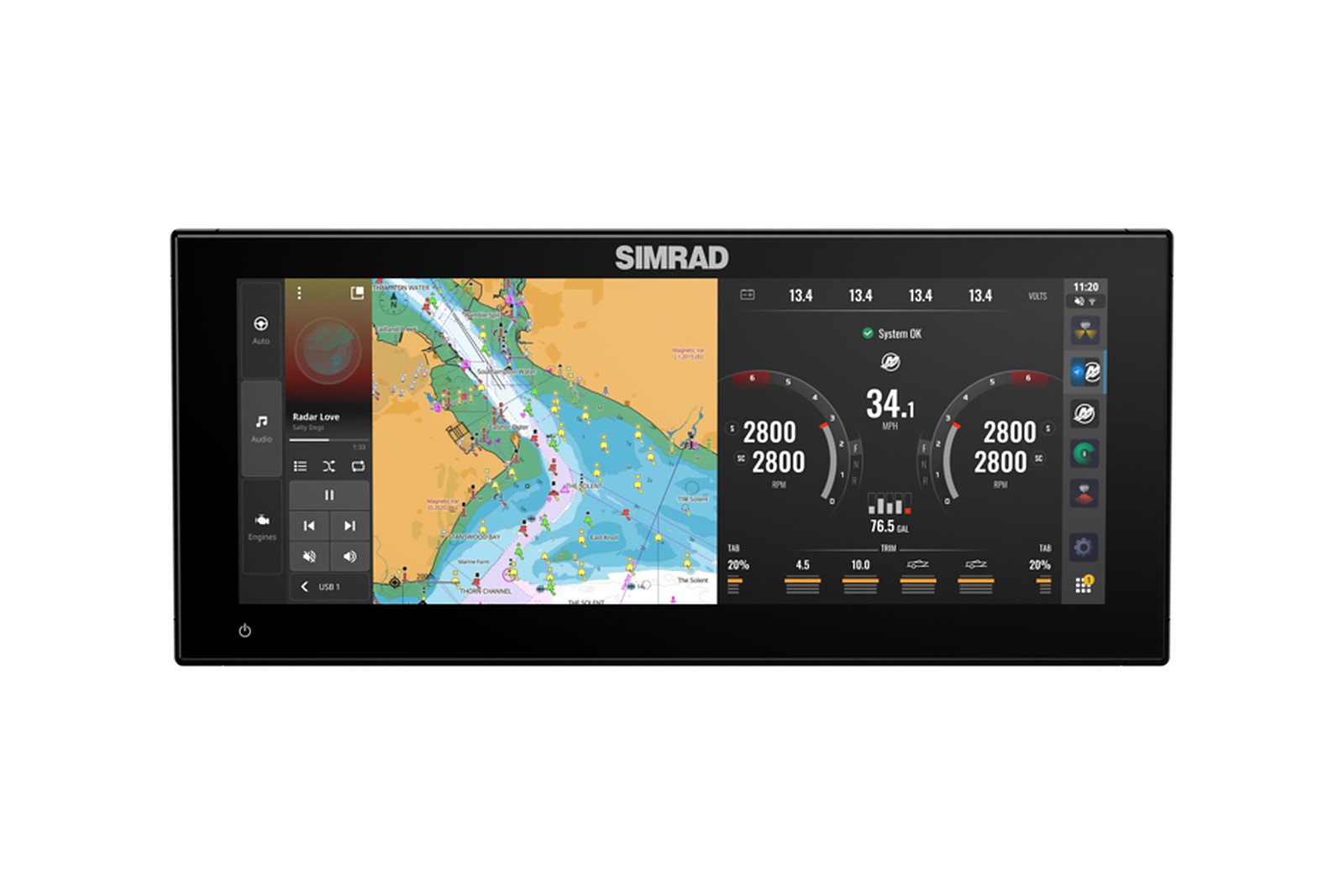 Simrad NSX 3012 Ultrawide Echolot und Kartenplotter, Karte und Motordaten