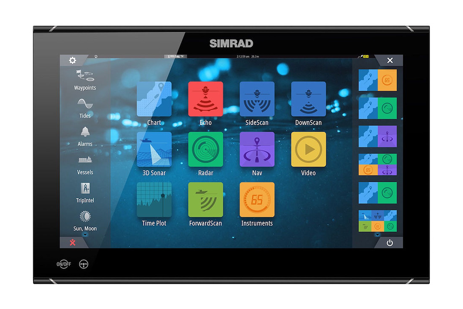Simrad NSO evo3S 16 Zoll Kartenplotter, Frontansicht mit Startbildschirm