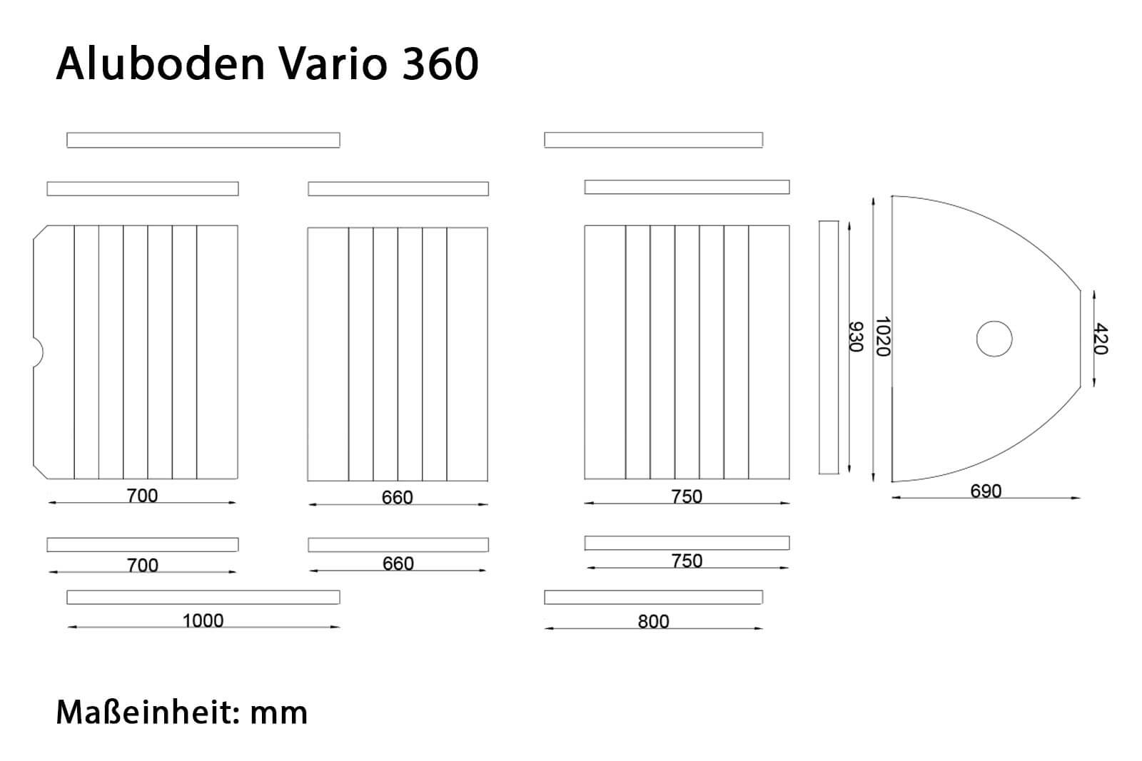 Allroundmarin Aluboden für Vario 360 Dimensionszeichnung