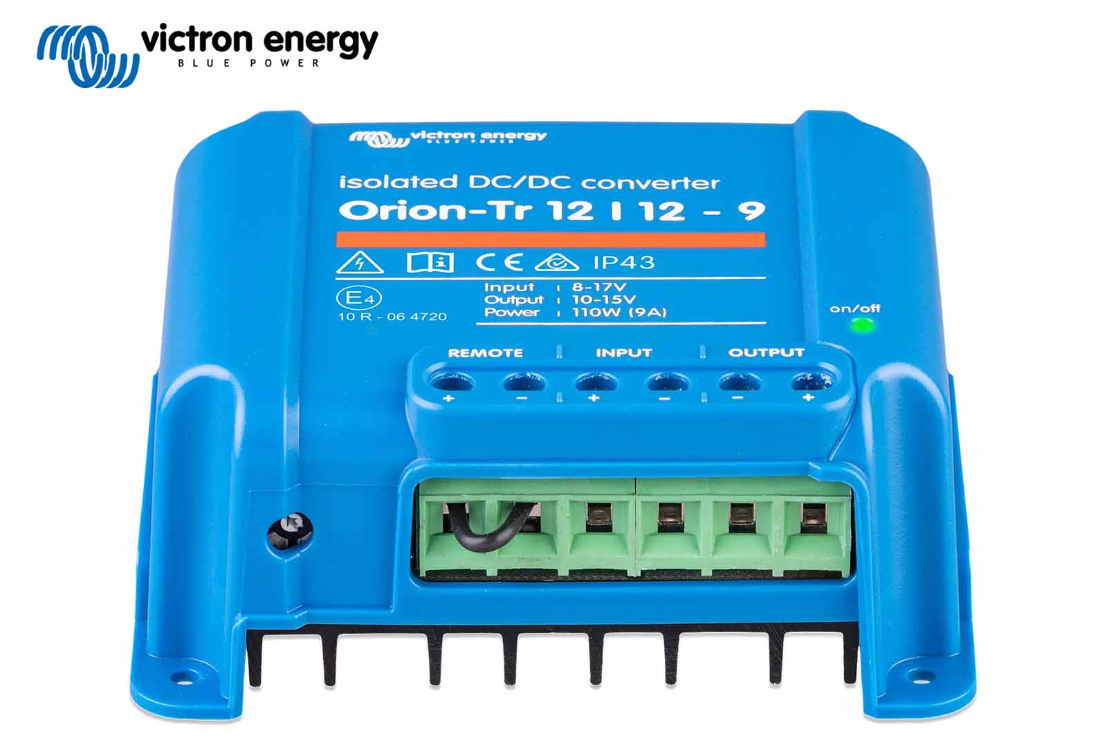 Victron Orion-Tr Isolated 12/12-9 DC-DC Wandler, Anschlussseite mit Schraubklemmen und Remote-on/off-Anschluss