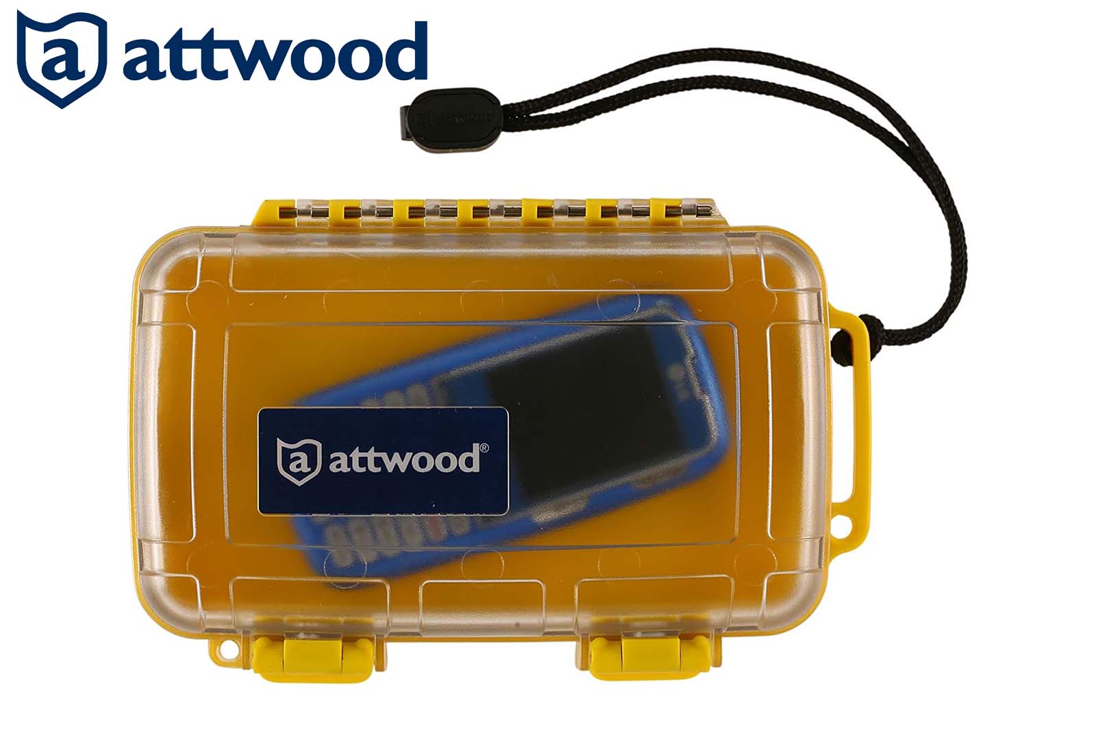 Gelbe Attwood Dry Case Aufbewahrungsbox mit Inhalt