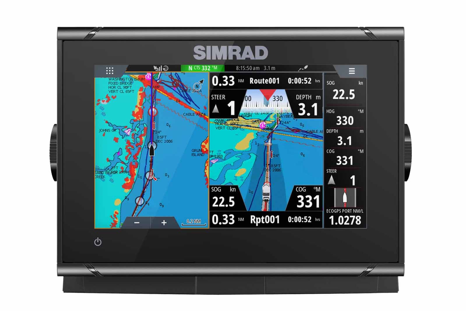 Simrad GO7 XSR Echolot mit Bügelhalterung Frontansicht Navigation