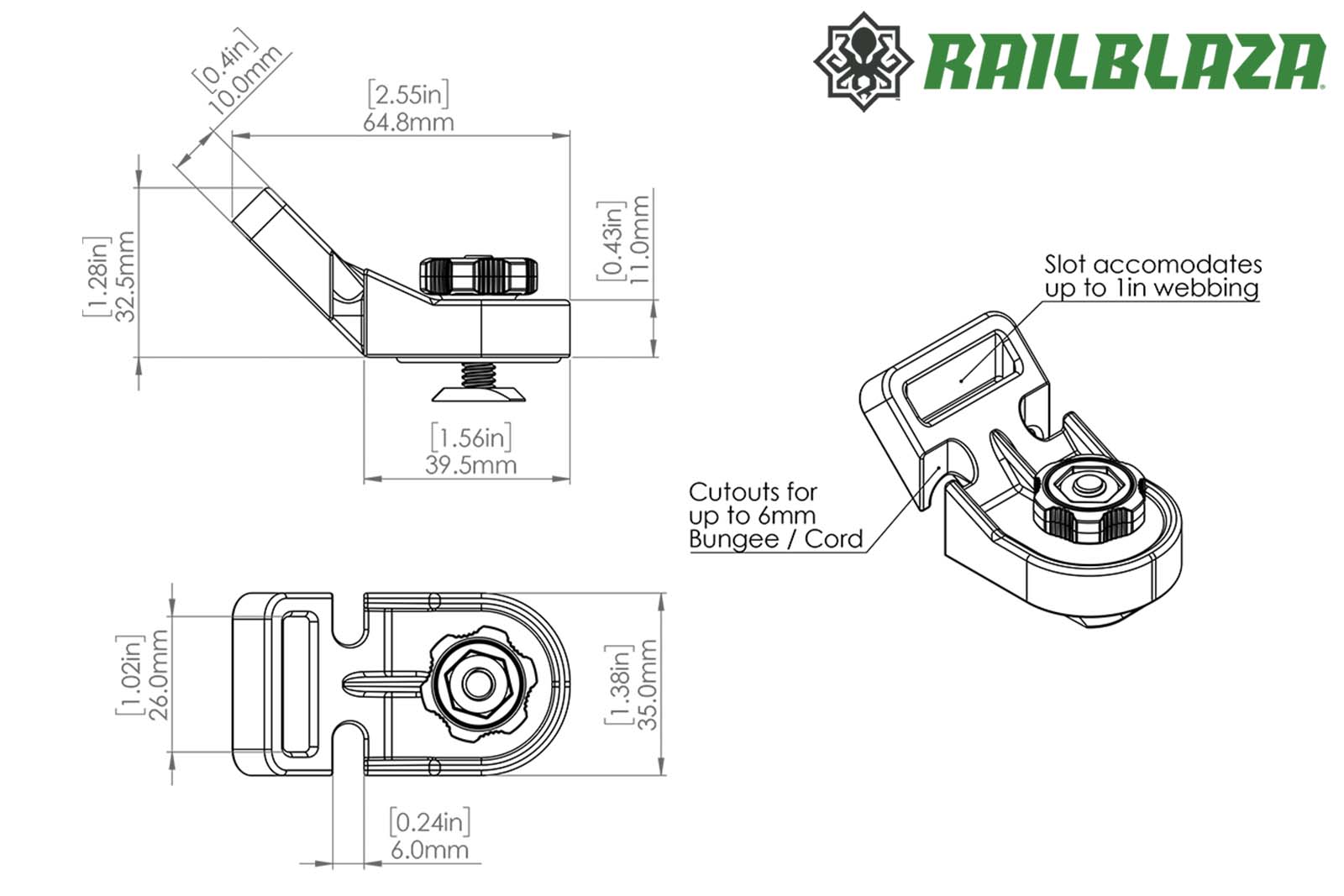 Railblaza TracMount TieDown Kit für Schienen - Diemensionszeichnung