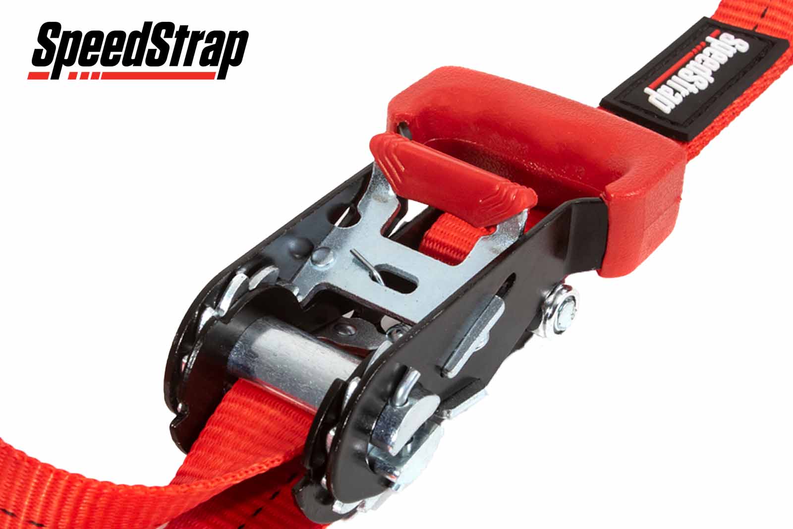 SpeedStrap Spanngurt mit Haken und Schlaufe rot, 25 mm, Detailansicht Ratsche
