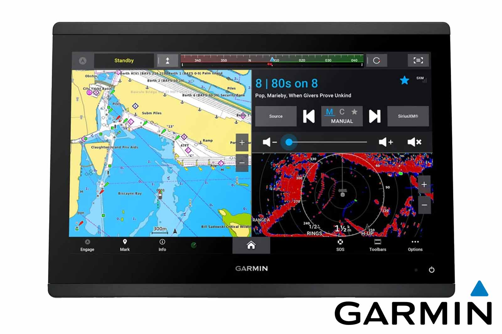 Garmin GPSMAP 1623 Kartenplotter ohne Sonar Splitscreen Seekarte, Radar und Entertainment Frontansicht