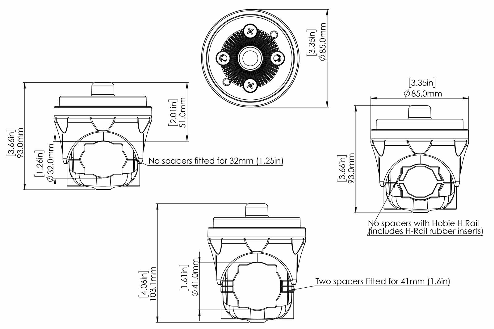 Railblaza HEXX Relinghalterung für 32-41 mm Durchmesser Zeichnung der Produktmaße