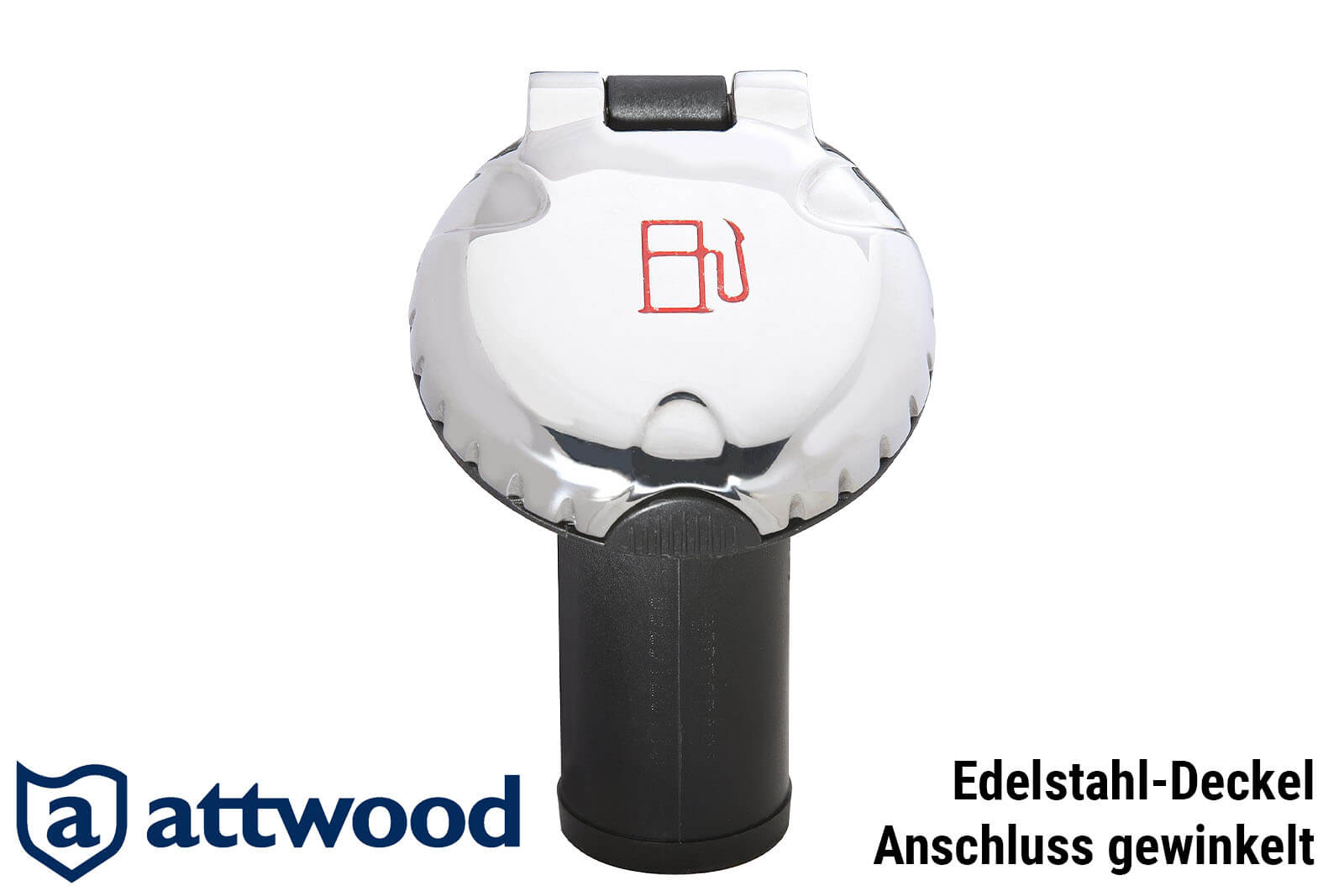 Vorderansicht Attwood-Einfüllstutzen für Tanks mit Aktivkohlefilter: Gewinkelter Anschluss mit Edelstahl-Deckel