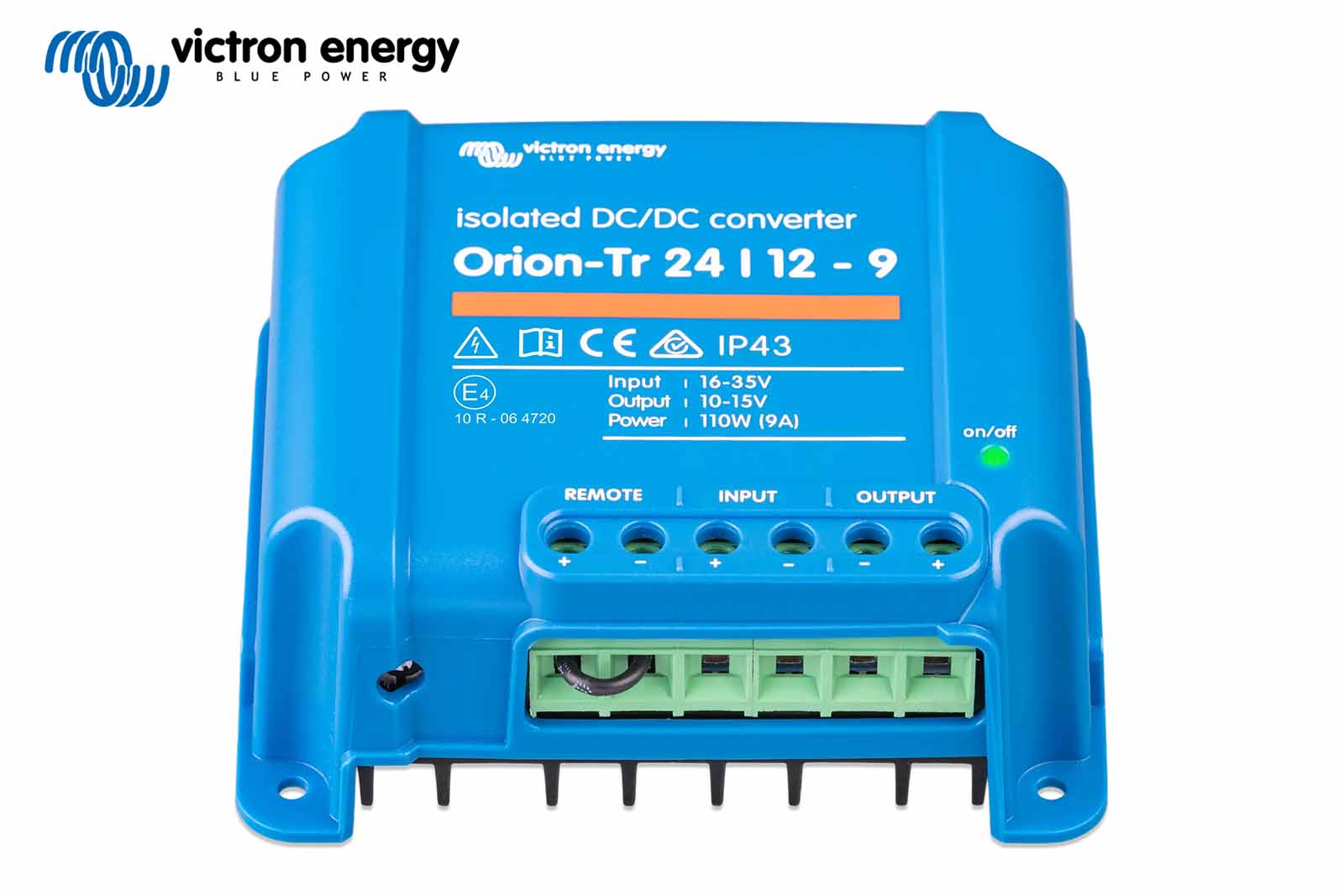 Victron Orion-Tr Isolated 24/12-9 DC-DC Wandler, Anschlussseite mit Schraubklemmen und Remote-on/off-Anschluss