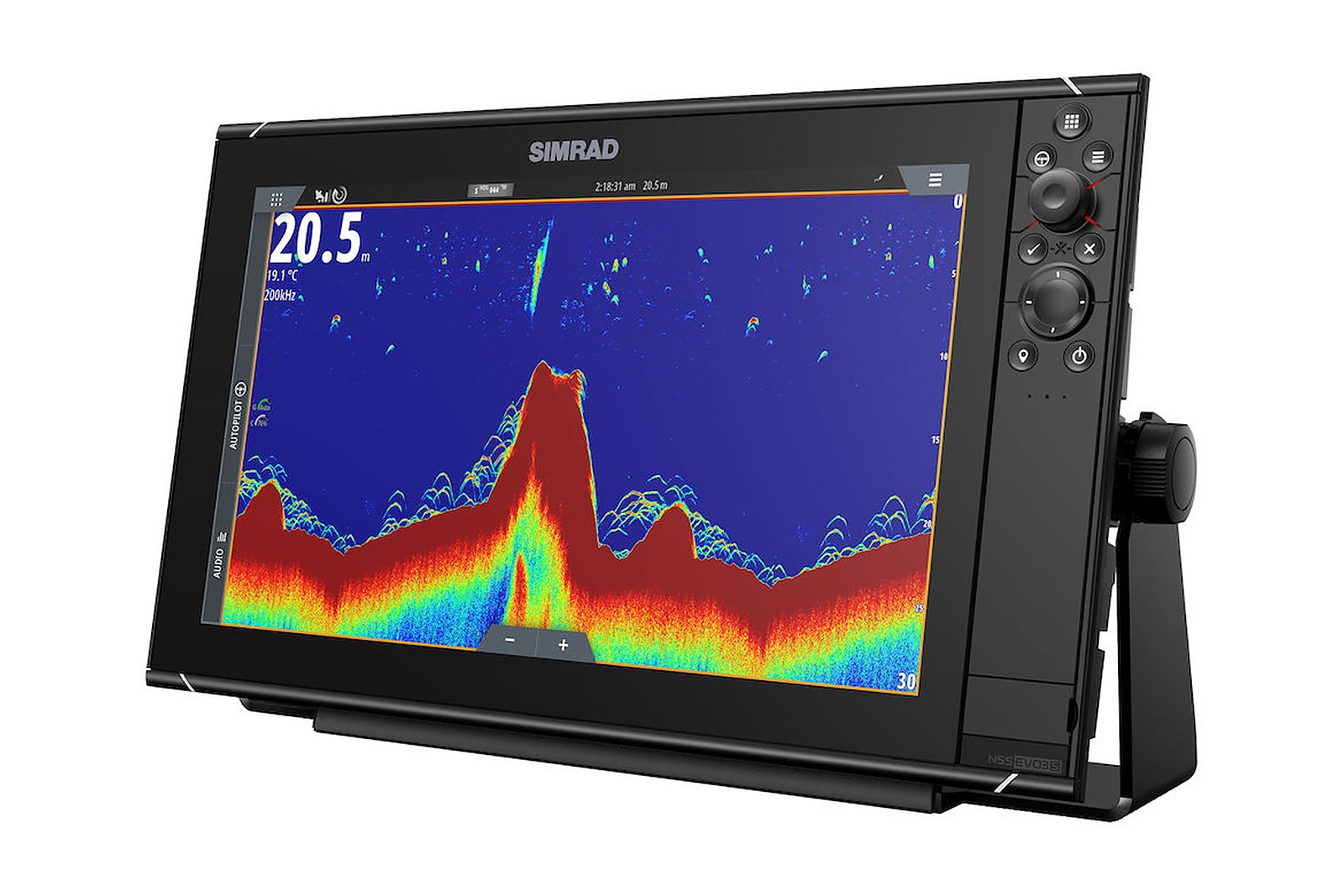 Simrad NSS16 evo3S Echolot und Kartenplotter, Echolot-Ansicht, mit Bügelhalterung