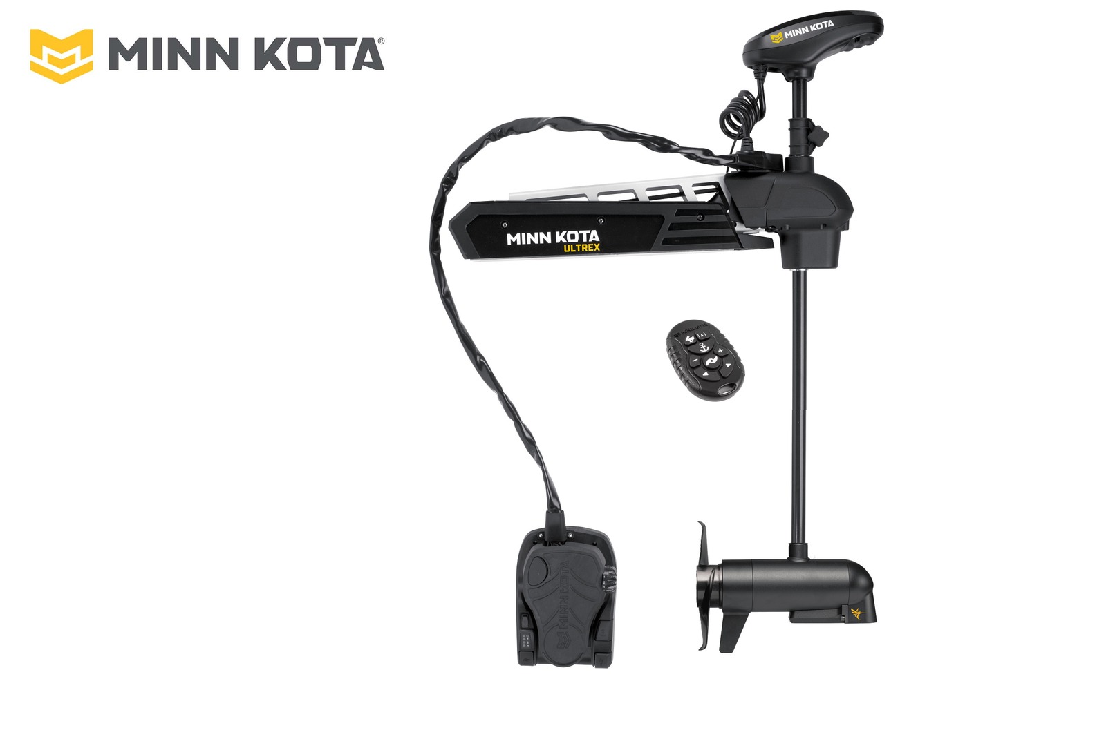 Minn Kota Ultrex 2 mit 114 cm Schaft und MDI-Geber, Seitenansicht mit Fußpedal und Micro Remote
