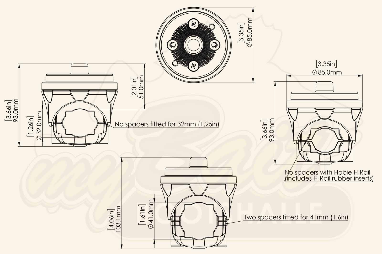 Railblaza HEXX Relinghalterung für 32-41 mm Durchmesser Zeichnung der Produktmaße